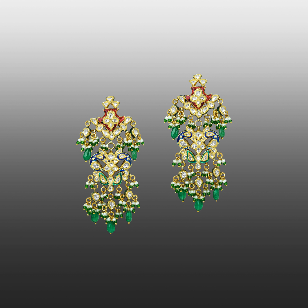 Polki Floral Earrings with Emerald Drops and Enamel
